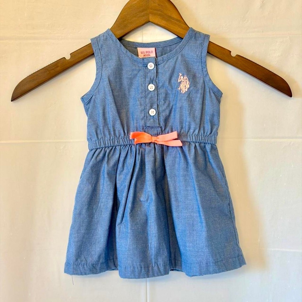 US Polo Assn Baby Girls 3/6M Blue Chambray Sleeveless Dress Peach Bow Pony Logo